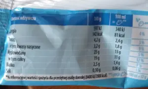 Tabela wartości odżywczych: 100 ml produktu zawiera 81 kcal. Porcja 57g ma 142 kcal.