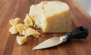 Kawałek parmezanu i kilka mniejszych kawałków na desce. Obok leży nóż do sera. Warto sprawdzić parmezan kcal przed spożyciem.