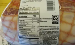 Łopatka wieprzowa: 210 kcal na porcję (112g). Etykieta zawiera informacje o wartościach odżywczych i instrukcje bezpiecznego obchodzenia się z produktem.