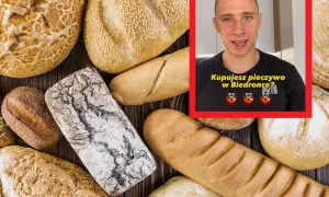 Mężczyzna w koszulce z biedronkami pyta "Kupujesz pieczywo w Biedronce?". Wokół niego różne rodzaje chleba, w tym półbagietka.