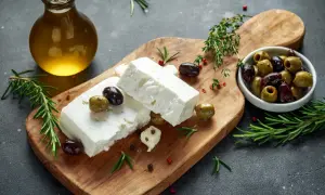 Ser feta na desce z oliwkami i rozmarynem. Warto sprawdzić ser feta kcal, by świadomie cieszyć się smakiem.