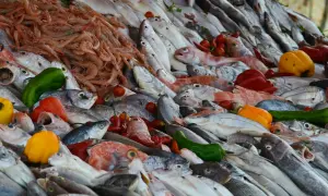 Świeże ryby i krewetki na straganie. Zastanawiasz się, ile kcal ma ryba? To zależy od gatunku, ale zazwyczaj jest to zdrowy wybór.