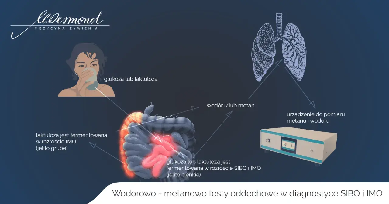 Test oddechowy wykrywa wodór i metan, pomagając zdiagnozować IMO i SIBO. Po spożyciu glukozy lub laktulozy, gazy te są mierzone.