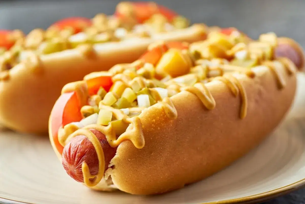 Dwa apetyczne hot dogi z Żabki, polane musztardą, z dodatkiem pomidorów i ogórków. Zastanawiasz się, ile kcal ma hot dog z Żabki?