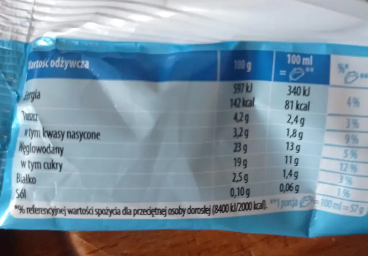 Tabela wartości odżywczych: 100 ml produktu zawiera 81 kcal. Porcja 57g ma 142 kcal.