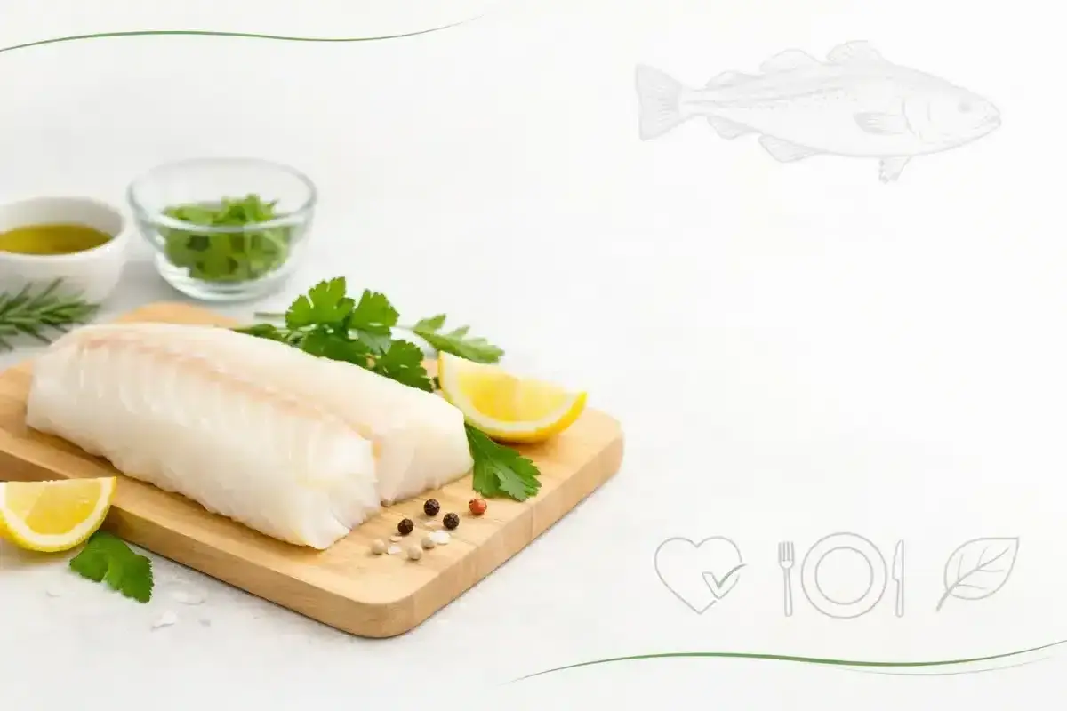 Świeży filet z dorsza na desce z cytryną i ziołami. Niska zawartość dorsz kcal czyni go idealnym wyborem dla dbających o linię.