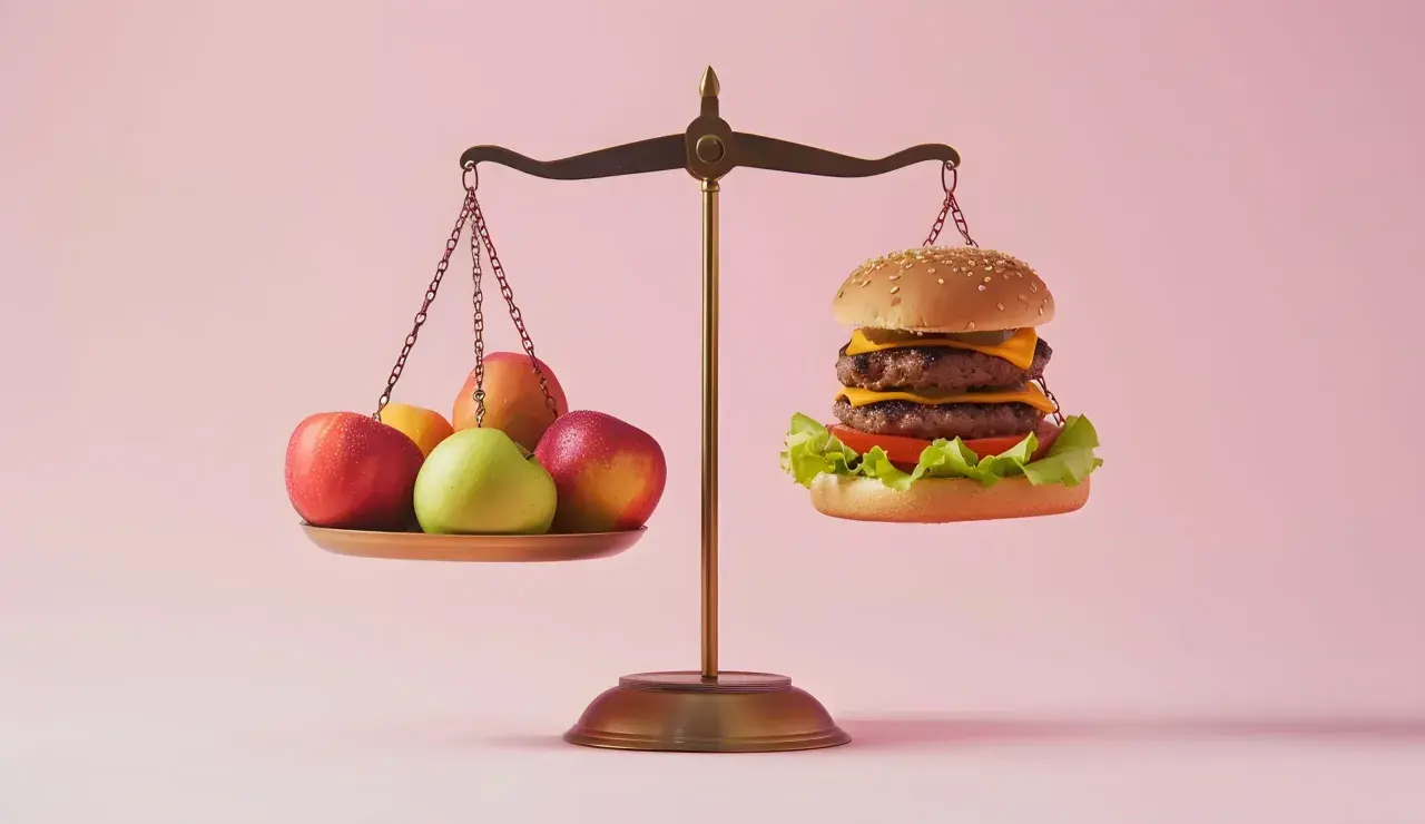 Waga pokazuje nierównowagę: owoce po jednej stronie, burger po drugiej. Zastanawiasz się nad zakwaszeniem organizmu objawy?