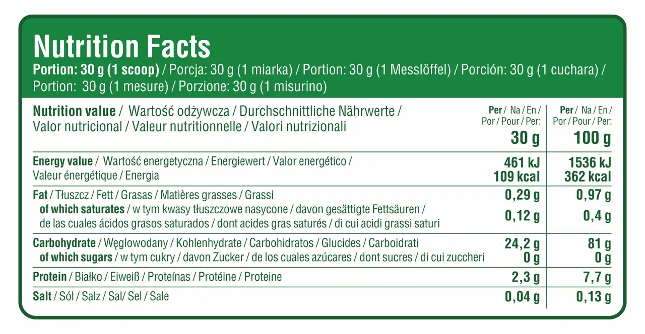 Tabela wartości odżywczych kleiku ryżowego: 100g zawiera 362 kcal. Porcja 30g to 109 kcal.