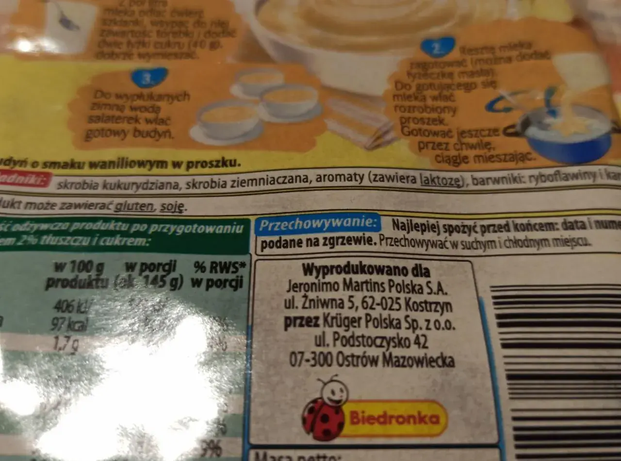 Budyń waniliowy w proszku. Porcja 145g ma 97 kcal. Idealny deser, gdy liczymy budyń kcal.