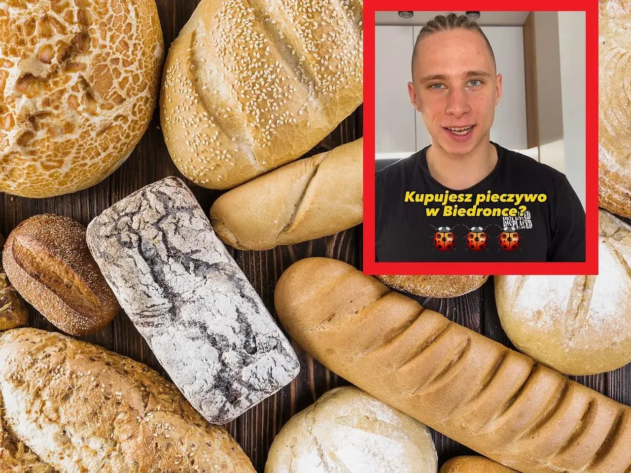 Mężczyzna w koszulce z biedronkami pyta "Kupujesz pieczywo w Biedronce?". Wokół niego różne rodzaje chleba, w tym półbagietka.