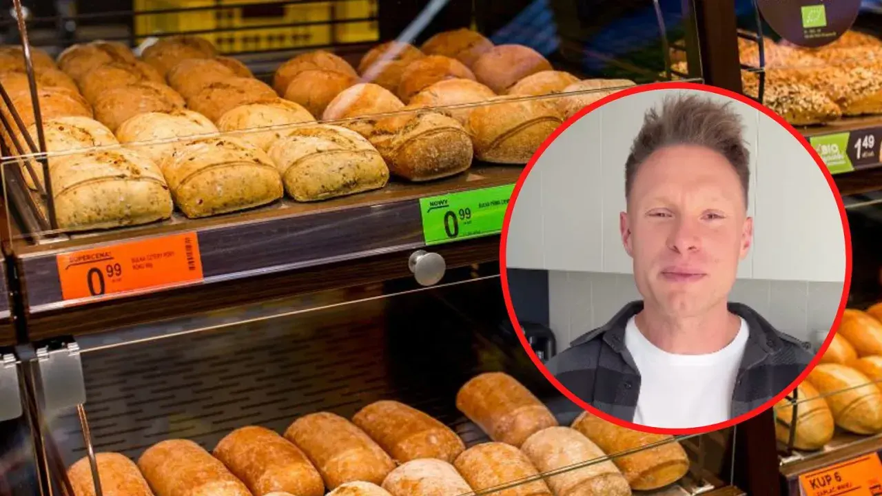 Bułka paryska, biedronka i jej kcal. Mężczyzna w kółku, świeże pieczywo na półce.