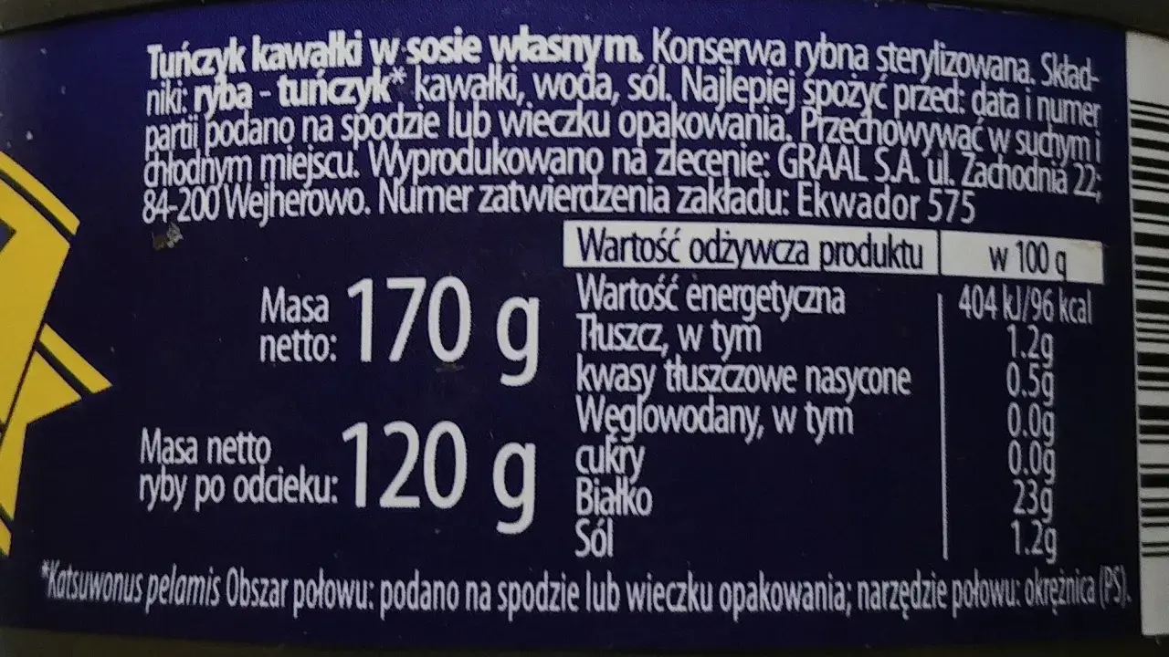 Tuńczyk w sosie własnym, 96 kcal na 100g. Konserwa rybna, masa netto 170g, ryby po odcieku 120g.