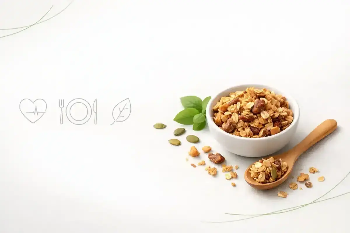 Misternie przygotowana granola w miseczce i na drewnianej łyżce. Czy granola jest zdrowa? Z pewnością tak, gdy zawiera płatki, orzechy i nasiona.