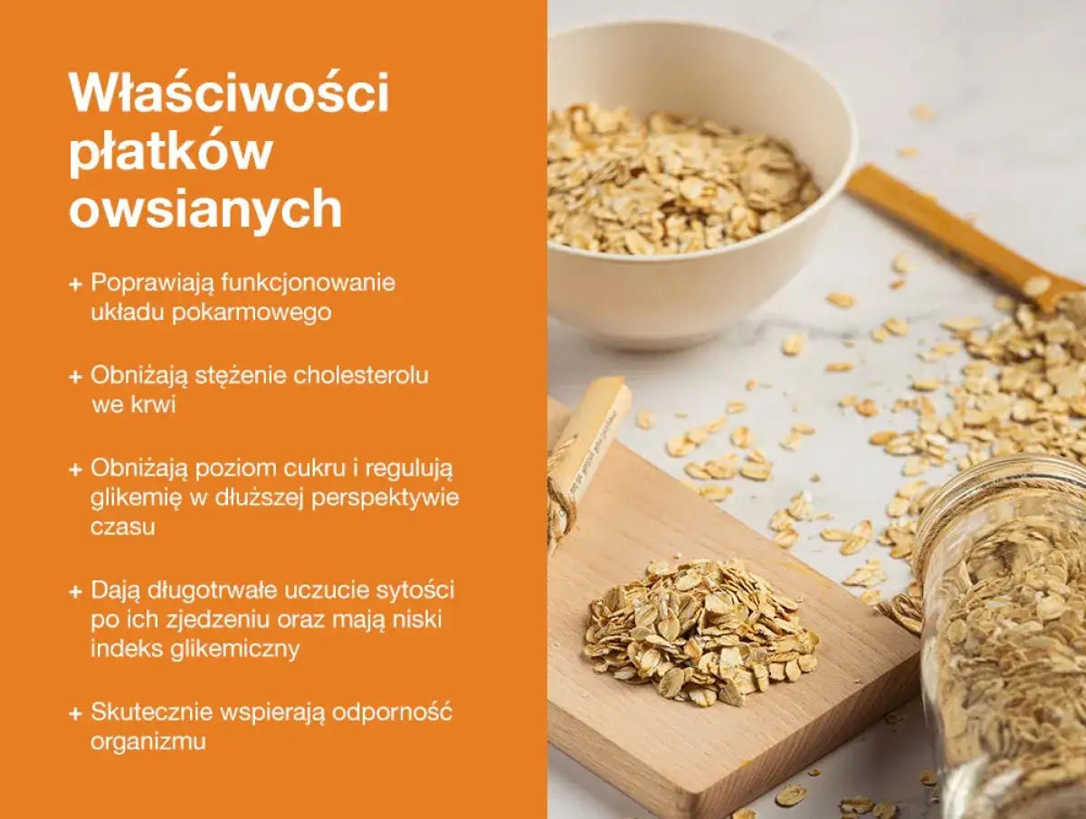 Płatki owsiane, znane z niskiego indeksu glikemicznego, poprawiają trawienie, obniżają cholesterol i cukier we krwi, dają sytość.