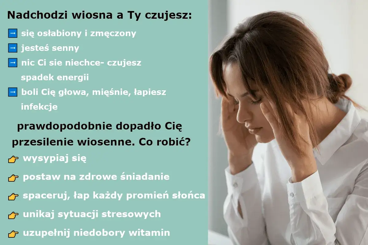 Kobieta z rękami na skroniach, czuje osłabienie, senność i ból głowy. To objawy przesilenia wiosennego.