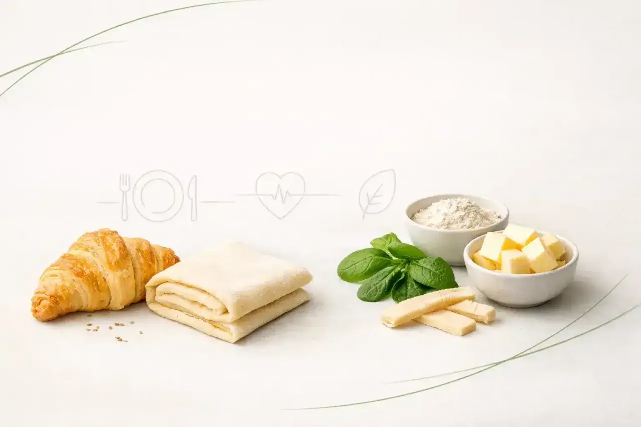Kruche ciasto francuskie, masło, mąka i świeże zioła. Zastanawiasz się nad ciasto francuskie kcal?