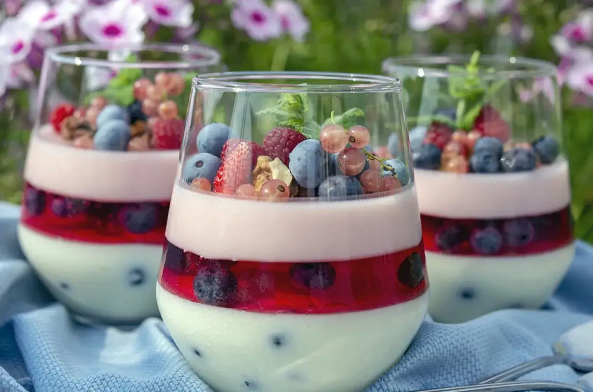 Trzy pucharki z warstwową galaretką i owocami leśnymi. Lekki deser, który zachwyci smakiem i niską galaretka kcal.